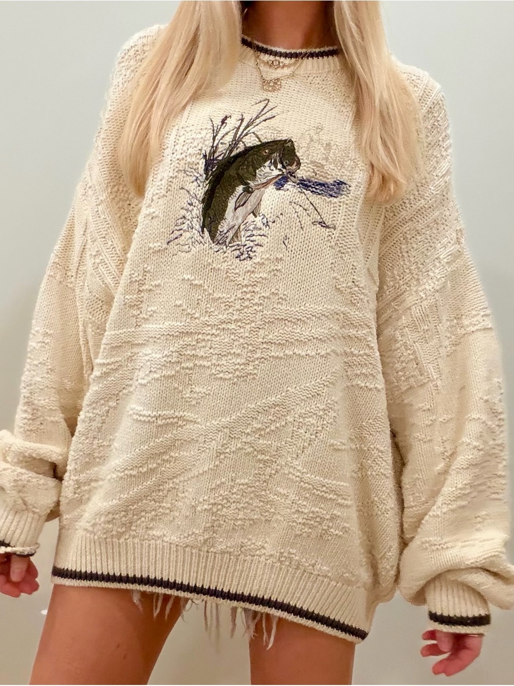 Vintage 90’s Chunky Bass Fish Embroidered Crewneck Sweater in Cream